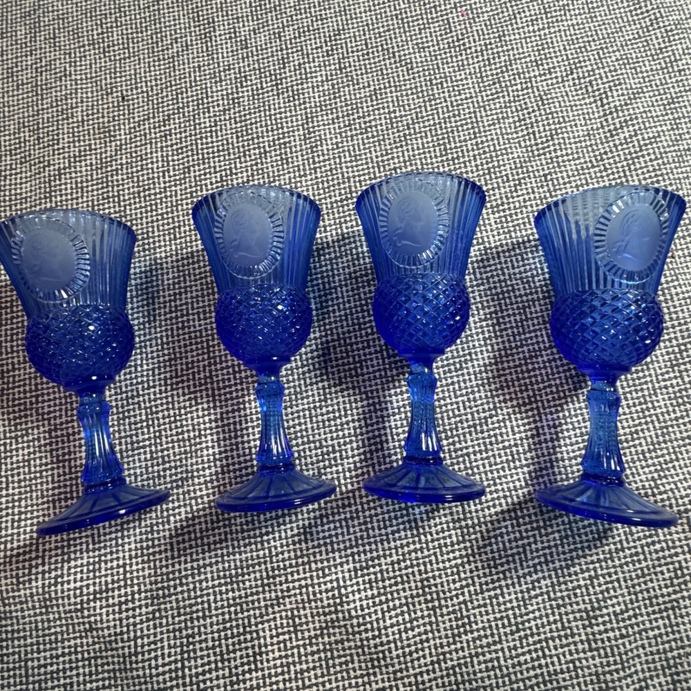 Avon Fostoria Cobalt Blue George Washington Cameo Goblets Set of 4